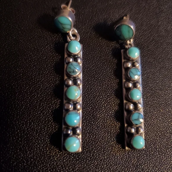 Turquoise Sterling Earrings Vintage Natural Stone 2"L - Picture 2 of 4